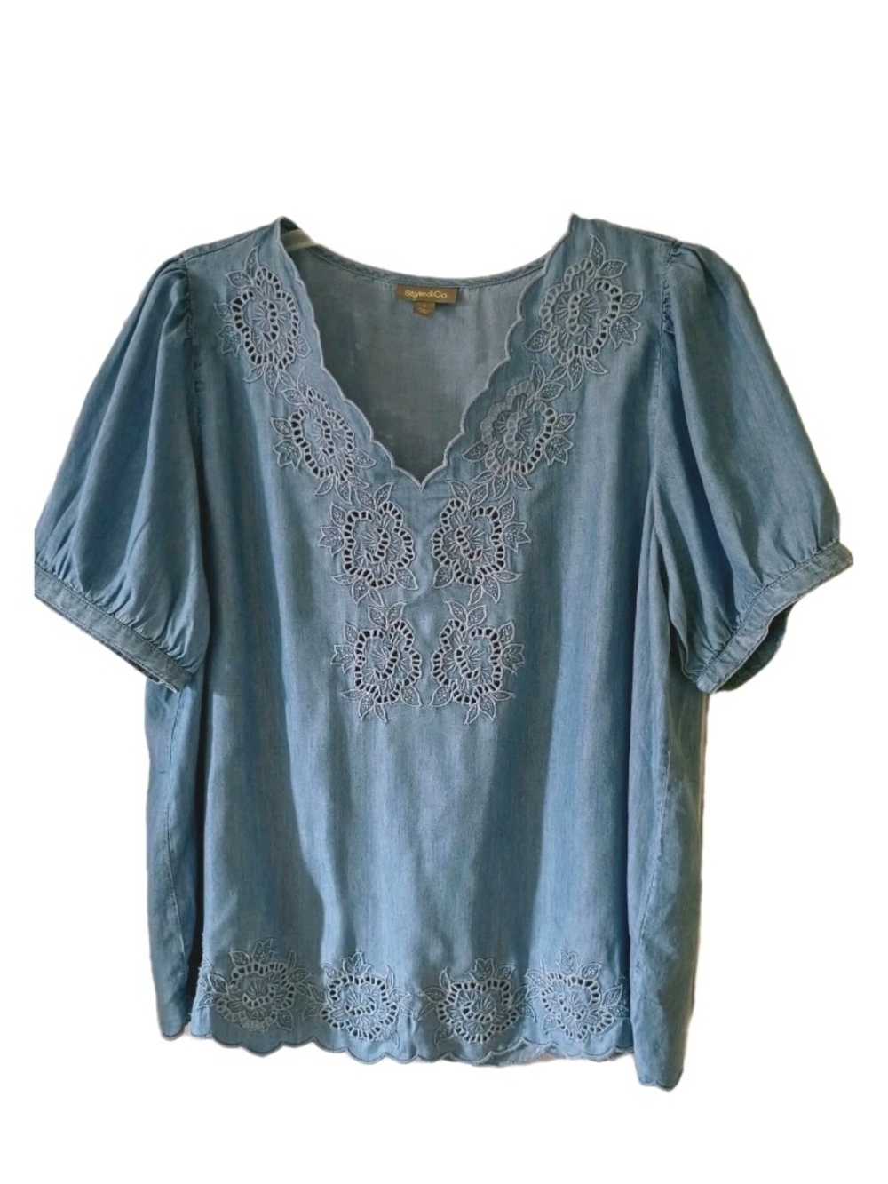 Style & Co. Light Blue Embroidered V-Neck Cotton Blouse